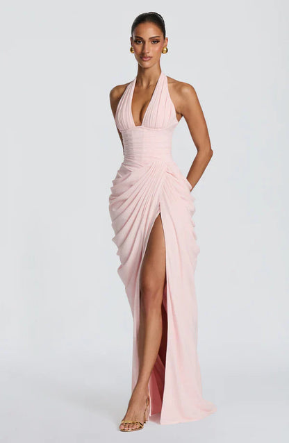 Elspeth | Maxi Halter Dress Ruched Draped for Women in Blush, another view