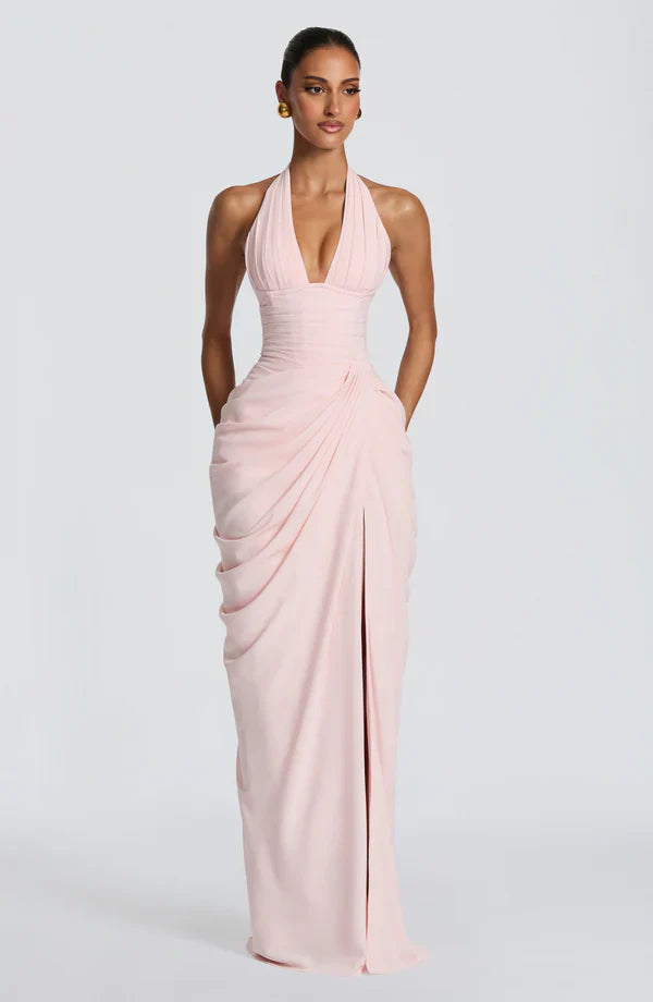 Elspeth | Maxi Halter Dress Ruched Draped for Women in Blush, another view