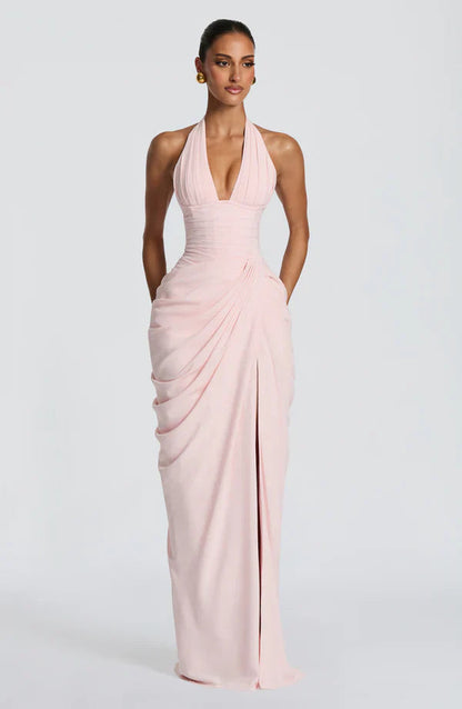 Elspeth | Maxi Halter Dress Ruched Draped for Women in Blush, another view