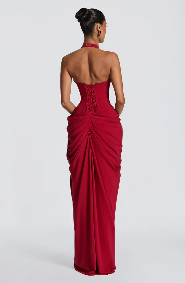 Elspeth | Maxi Halter Dress Ruched Draped for Women in Deep Red, another view