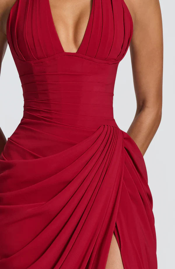 Elspeth | Maxi Halter Dress Ruched Draped for Women in Deep Red, another view