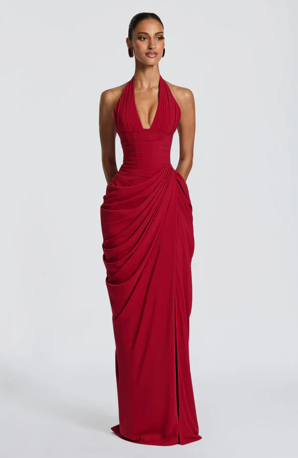 Elspeth | Maxi Halter Dress Ruched Draped for Women in Deep Red, another view