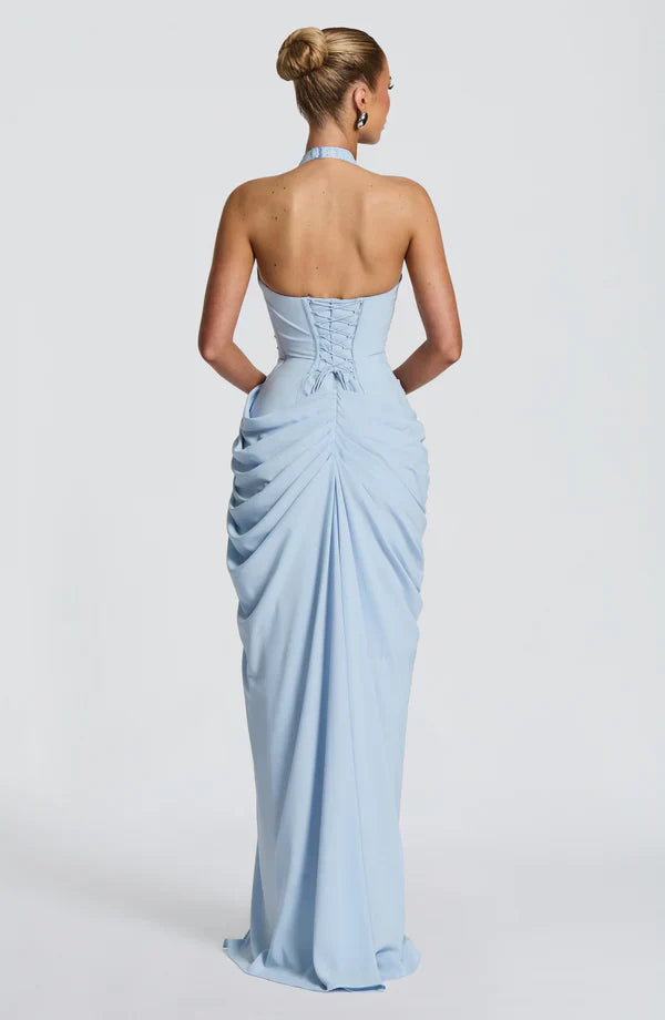 Elspeth | Maxi Halter Dress Ruched Draped for Women in Glacier Blue, another view