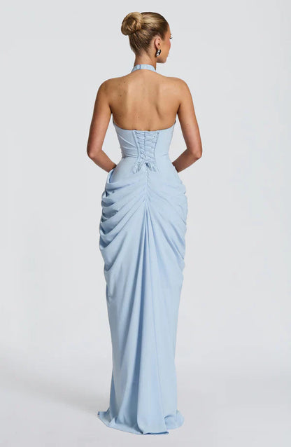Elspeth | Maxi Halter Dress Ruched Draped for Women in Glacier Blue, another view