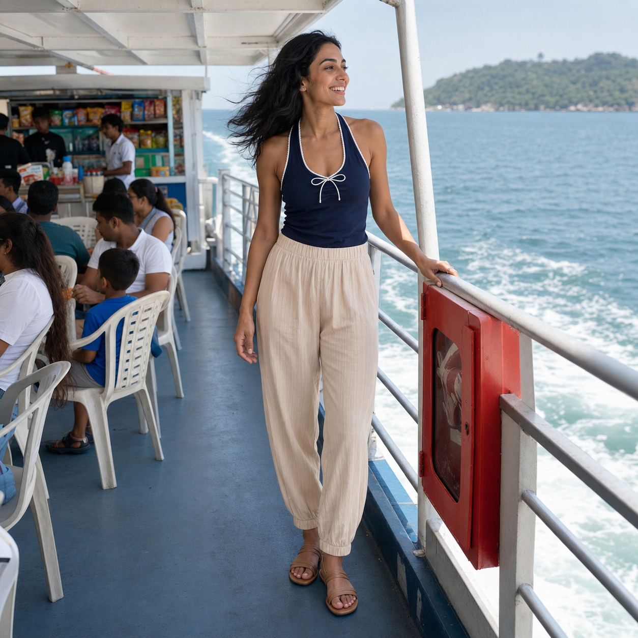 Cuffed Hem Elastic Waist Balloon Pants – Beige Summer Trousers — lifestyle photo