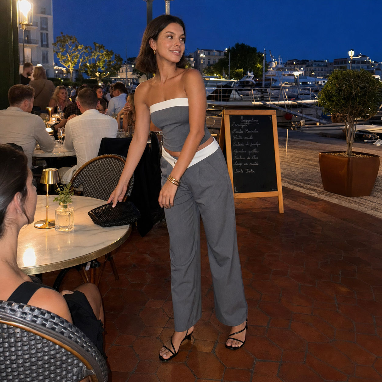 Contrast Trim Strapless Wide Leg Pants Set – Gray Two Piece Party Set — lifestyle photo