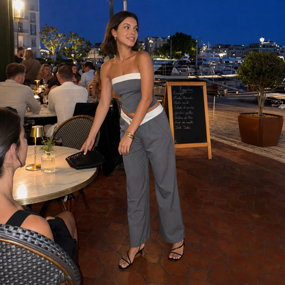 Contrast Trim Strapless Wide Leg Pants Set – Gray Two Piece Party Set — lifestyle photo