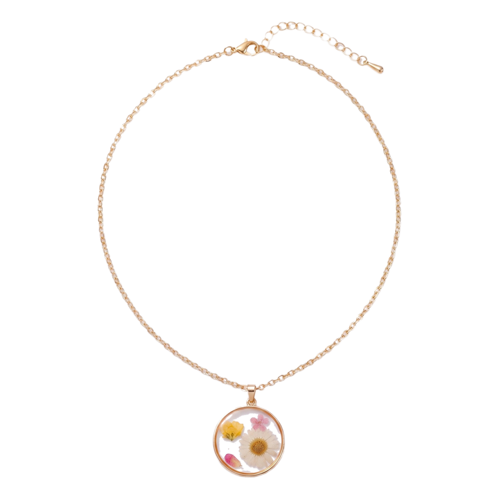 Sunoire non tarnish 18k gold plated korean bohemian pastoral small fragmented fashion dried flower charms pendant necklace for women 01 flatlay round daisy mix