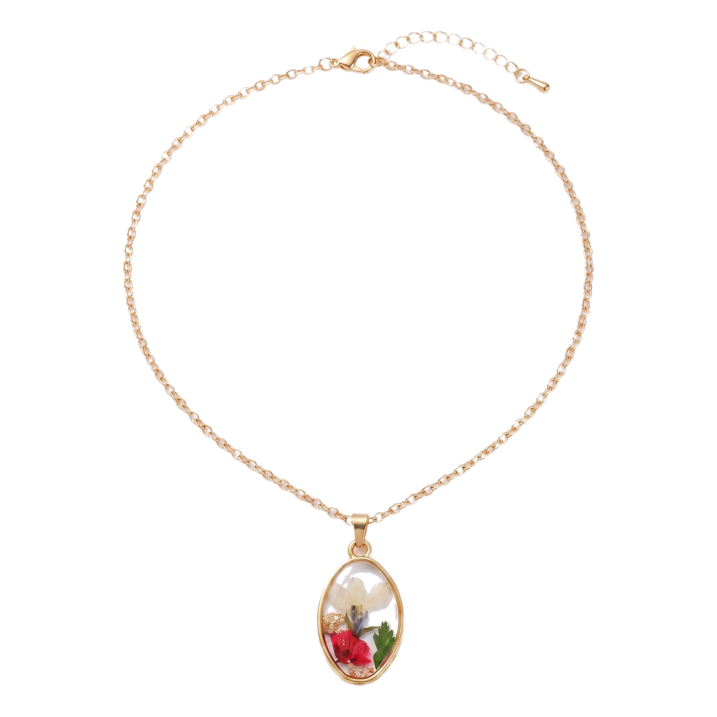 Sunoire non tarnish 18k gold plated korean bohemian pastoral small fragmented fashion dried flower charms pendant necklace for women 05 flatlay oval wildflower