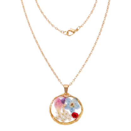 Sunoire non tarnish 18k gold plated korean bohemian pastoral small fragmented fashion dried flower charms pendant necklace for women 08 flatlay round forget me not