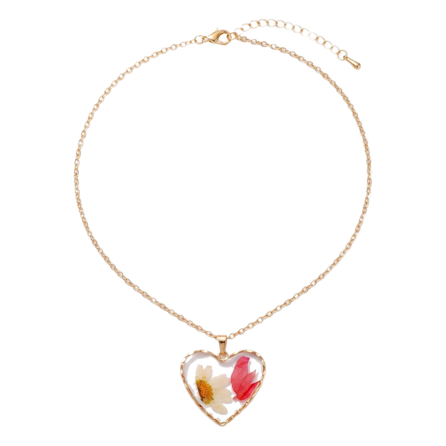 Sunoire non tarnish 18k gold plated korean bohemian pastoral small fragmented fashion dried flower charms pendant necklace for women 09 flatlay heart daisy petal