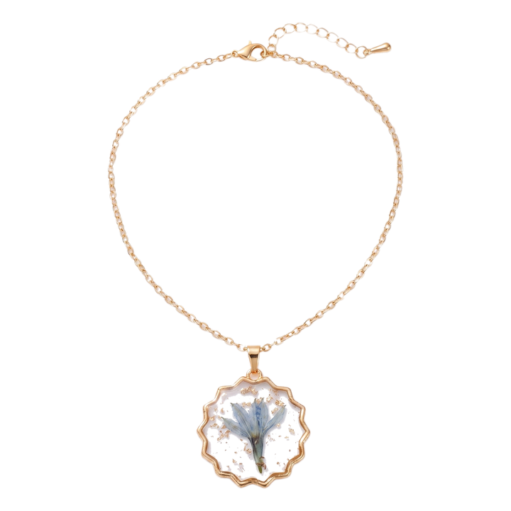 Melany Round Daisy Mix Floral Necklace — Scalloped Blue Foil
