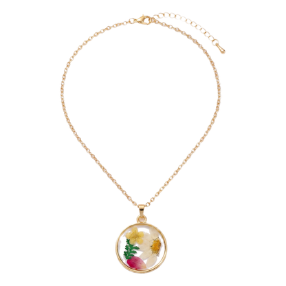 Sunoire non tarnish 18k gold plated korean bohemian pastoral small fragmented fashion dried flower charms pendant necklace for women 11 flatlay round fern daisy
