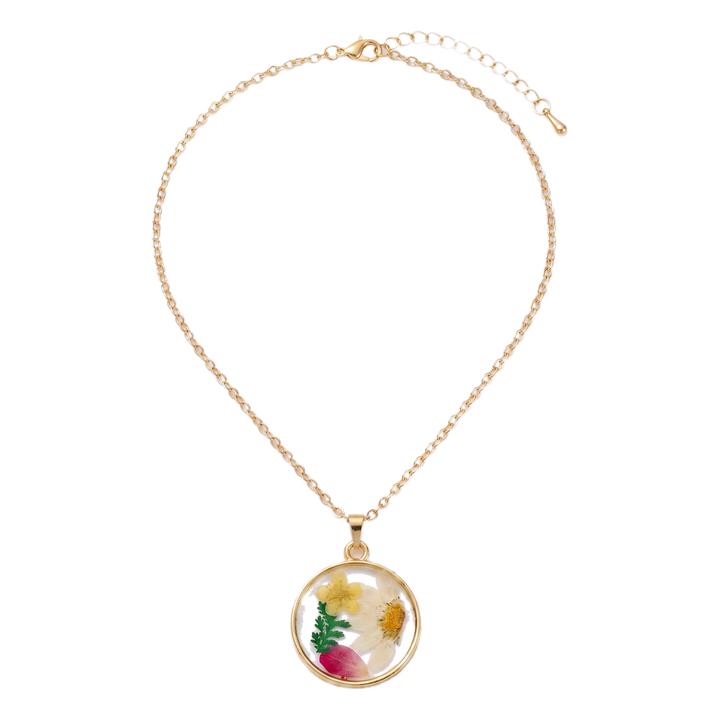 Melany Round Daisy Mix Floral Necklace — Round Fern Daisy