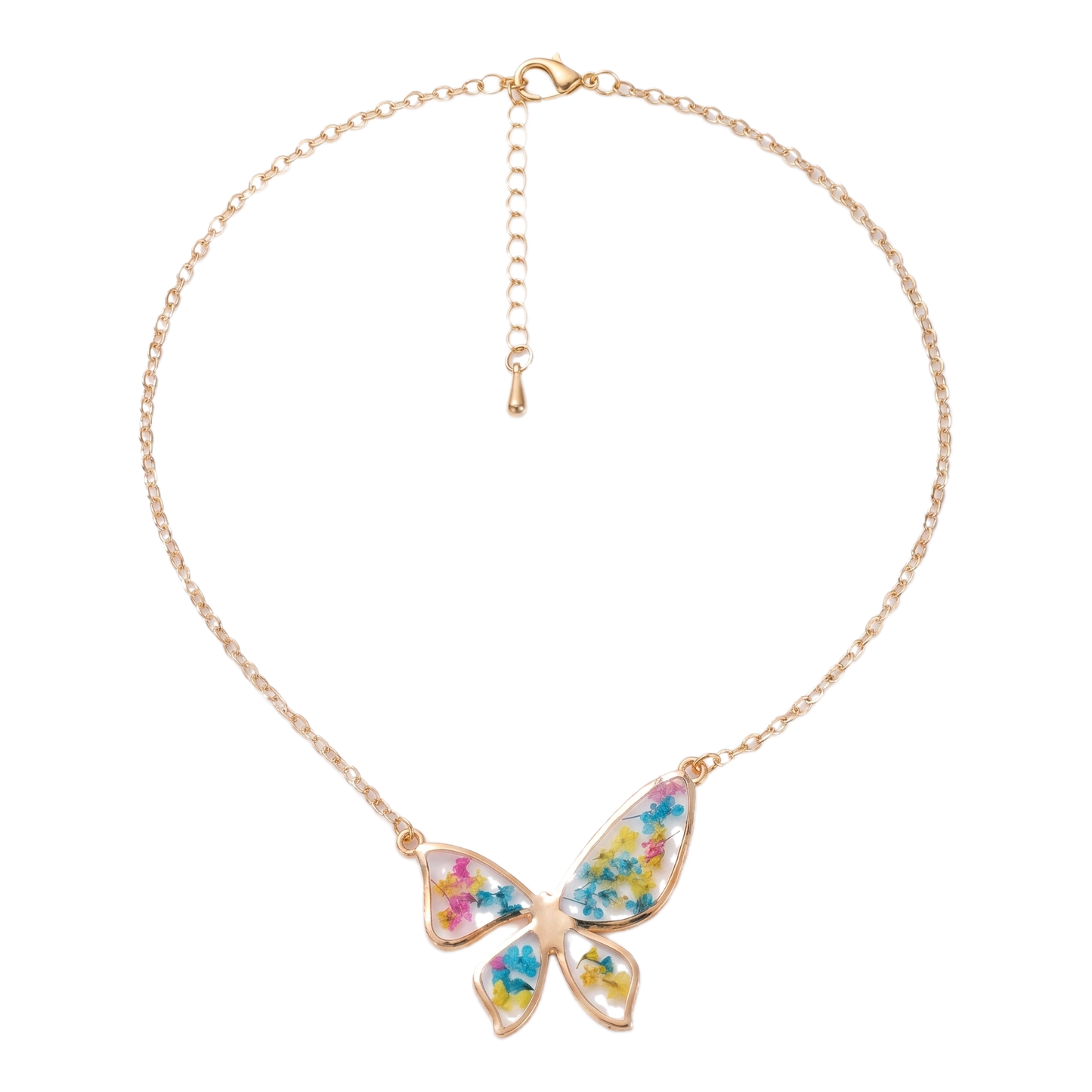 Sunoire non tarnish 18k gold plated korean bohemian pastoral small fragmented fashion dried flower charms pendant necklace for women 12 flatlay butterfly rainbow