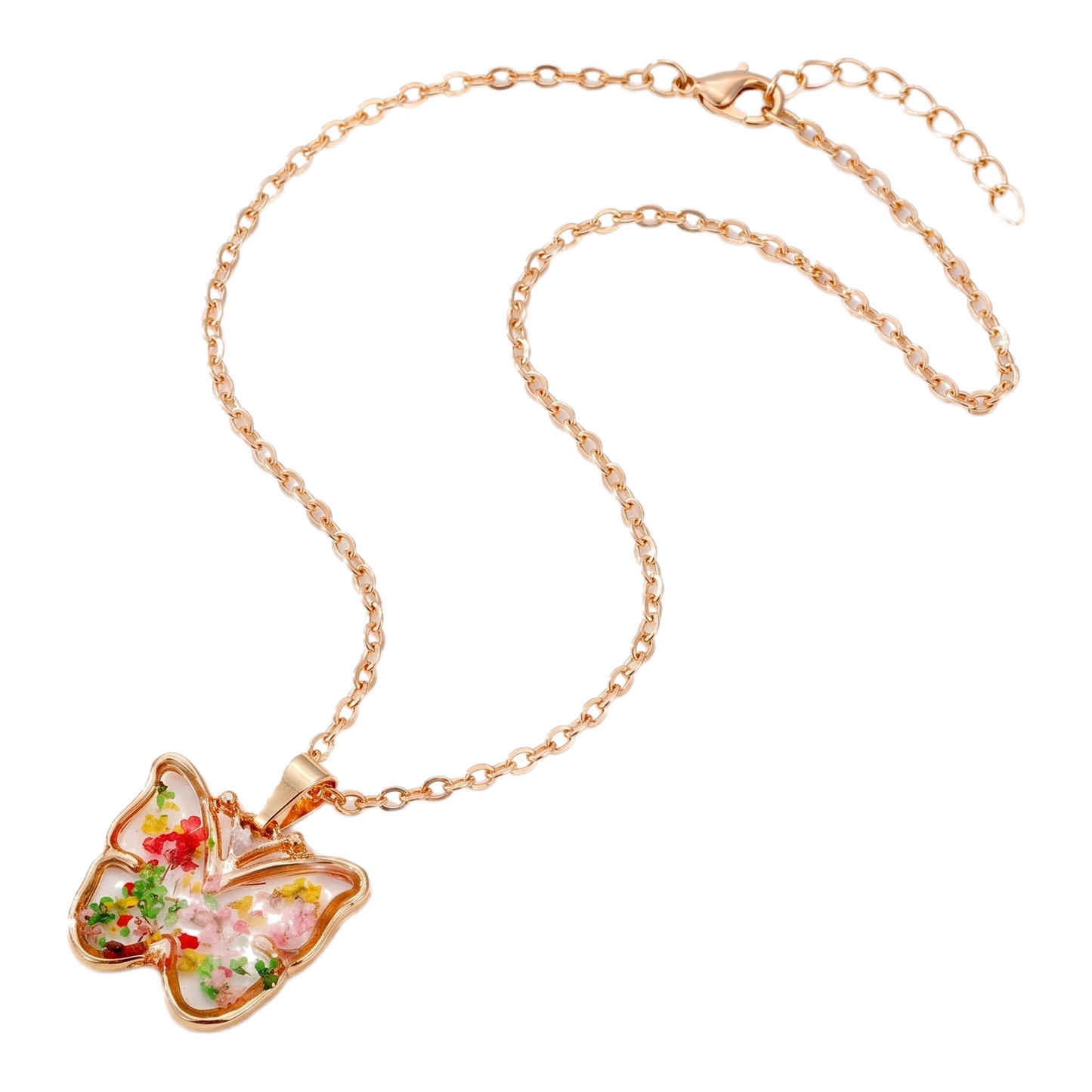 Sunoire non tarnish 18k gold plated korean bohemian pastoral small fragmented fashion dried flower charms pendant necklace for women 13 flatlay butterfly confetti