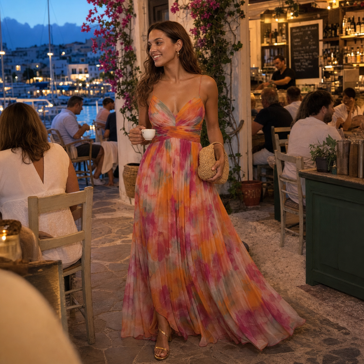 Watercolor Floral V-Neck Maxi Dress – Open Back Wedding Guest Dress — lifestyle photo