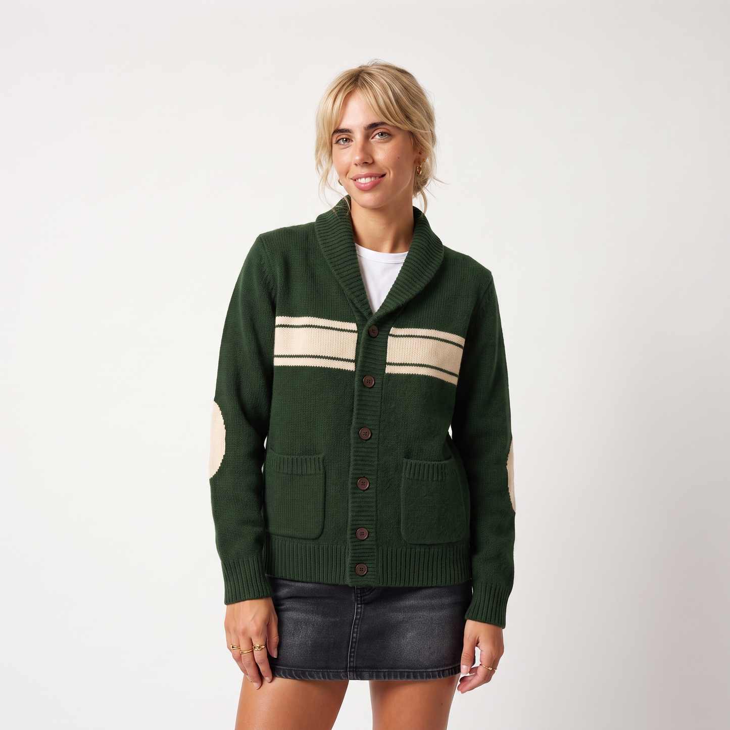 Sunoire men shawl collar button cardigan color block striped knit oem wholesale ribbed long sleeve winter vintage custom 100 wool colorway green front crop 01