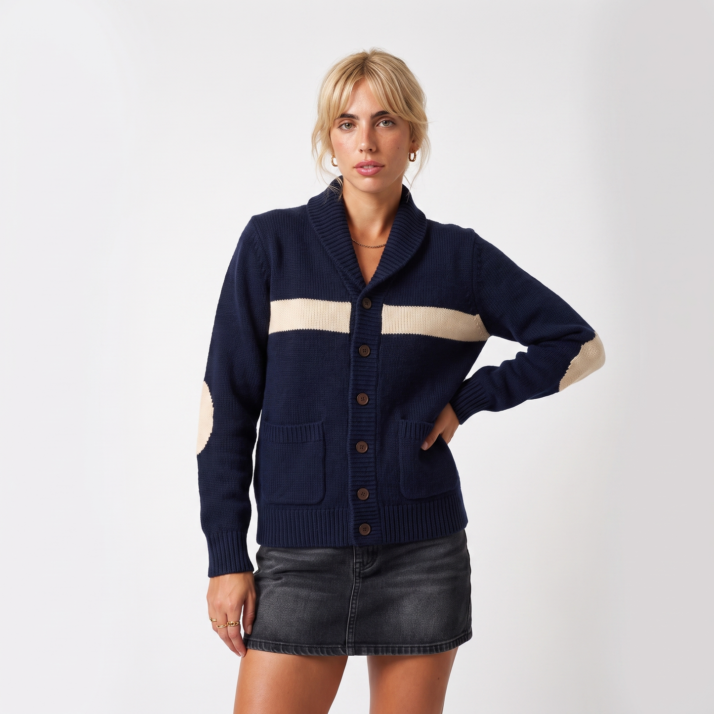Sunoire men shawl collar button cardigan color block striped knit oem wholesale ribbed long sleeve winter vintage custom 100 wool colorway navy blue front crop 01