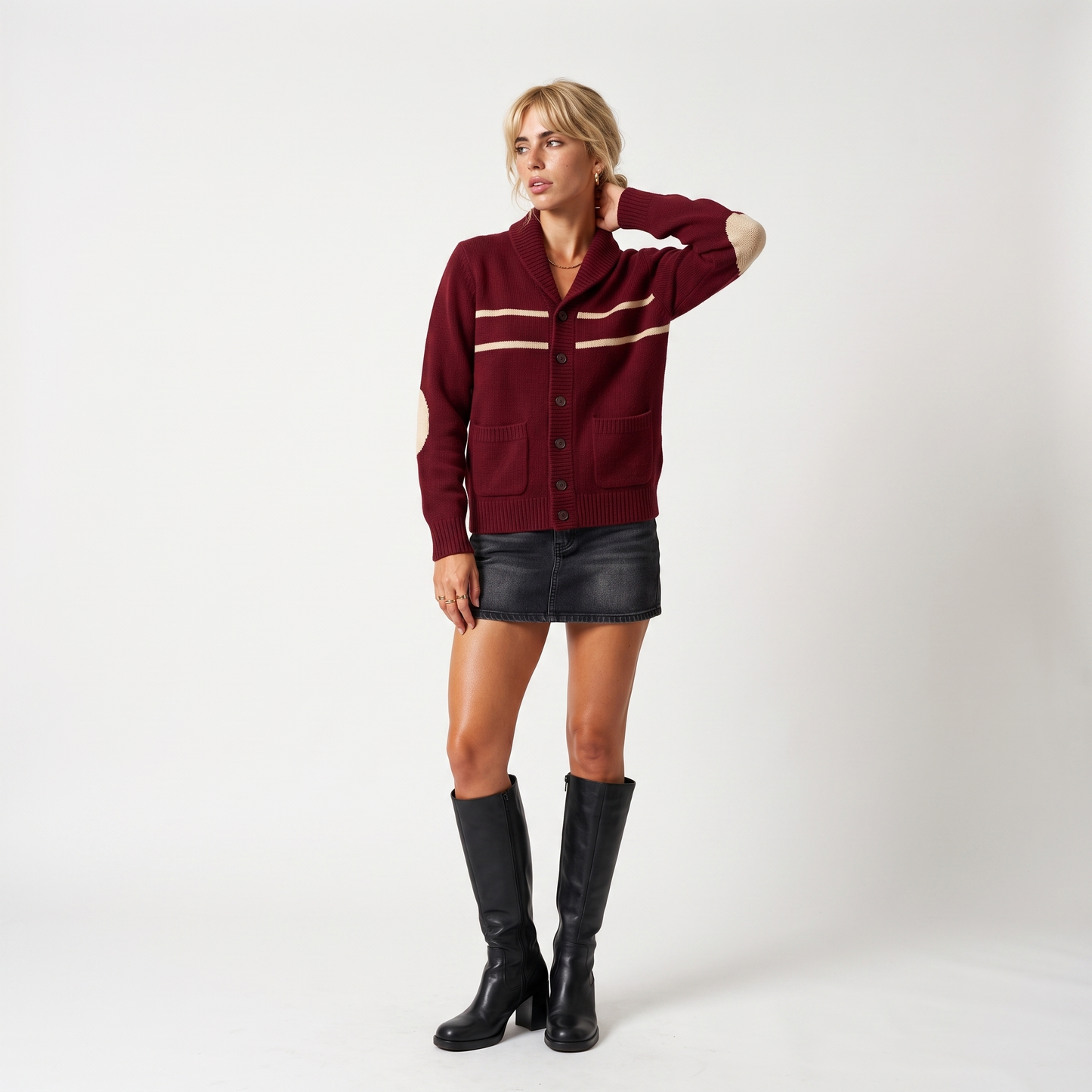 Sunoire men shawl collar button cardigan color block striped knit oem wholesale ribbed long sleeve winter vintage custom 100 wool front hero 01