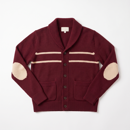 Sunoire men shawl collar button cardigan color block striped knit oem wholesale ribbed long sleeve winter vintage custom 100 wool garment flatlay 01