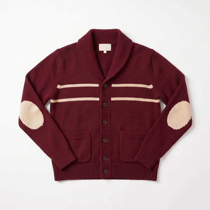 Sunoire men shawl collar button cardigan color block striped knit oem wholesale ribbed long sleeve winter vintage custom 100 wool garment flatlay 01