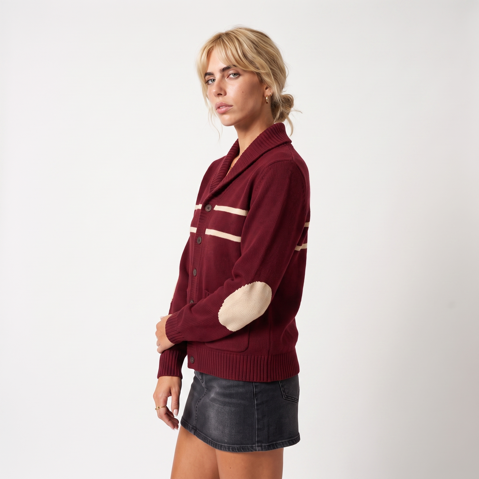 Sunoire men shawl collar button cardigan color block striped knit oem wholesale ribbed long sleeve winter vintage custom 100 wool top side crop 01
