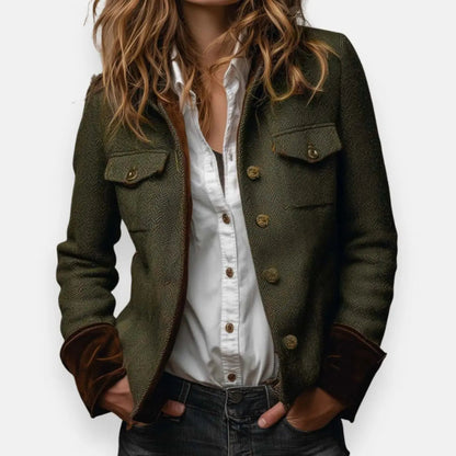 Women's Herringbone Tweed Utility Quilted Jacket Gold Button Detail in Army Green