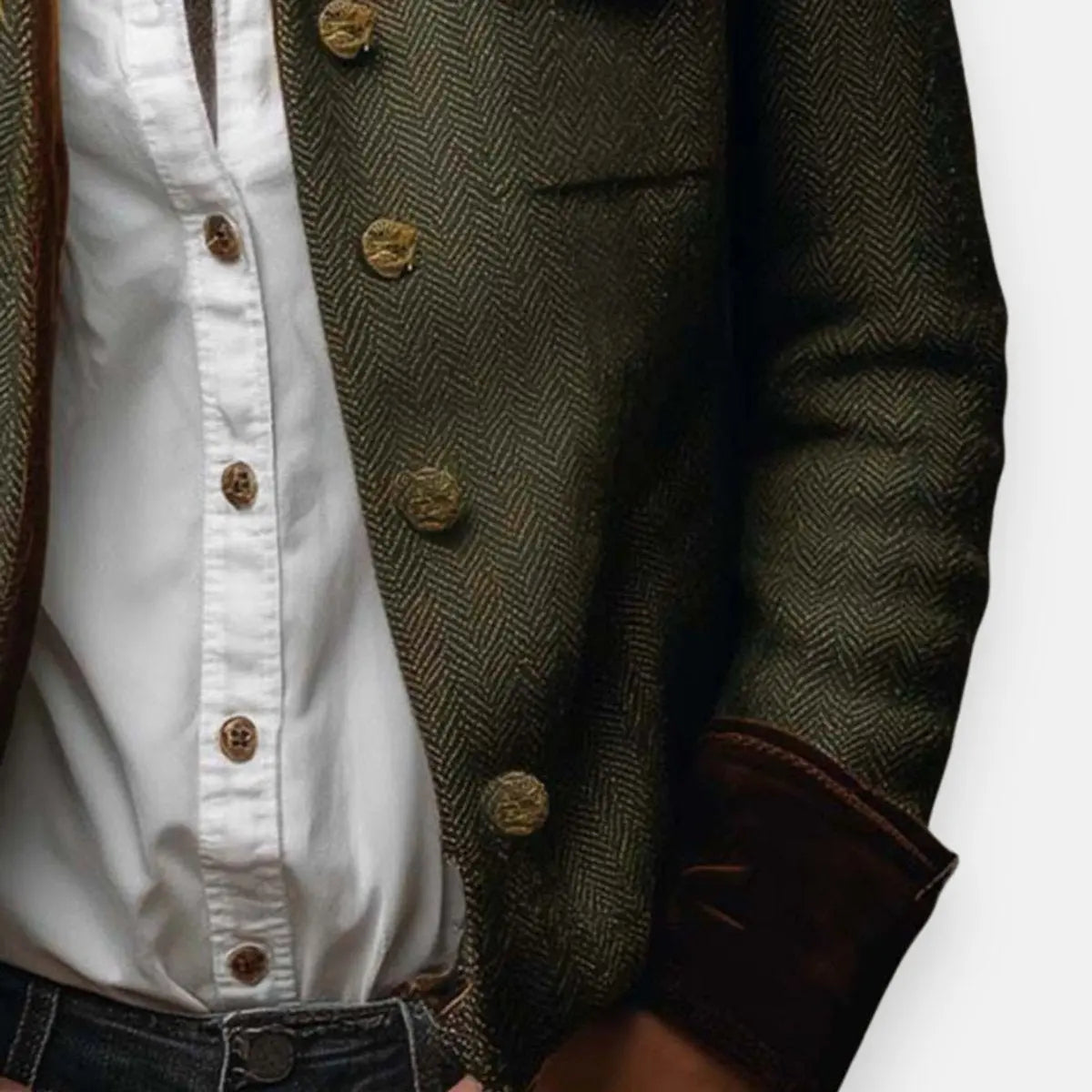 Women's Herringbone Tweed Utility Quilted Jacket Gold Button Detail in Army Green, another view