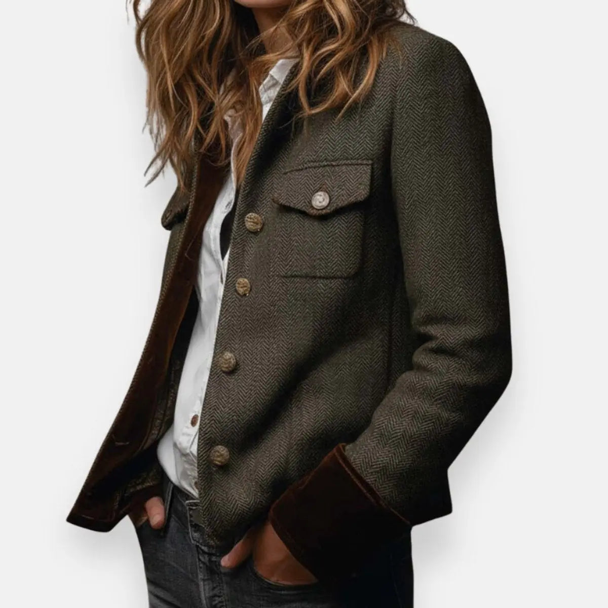 Women's Herringbone Tweed Utility Quilted Jacket Gold Button Detail in Army Green, another view