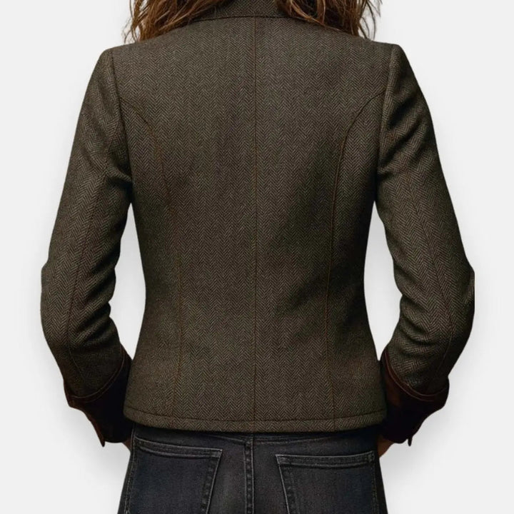 Women's Herringbone Tweed Utility Quilted Jacket Gold Button Detail in Army Green, another view