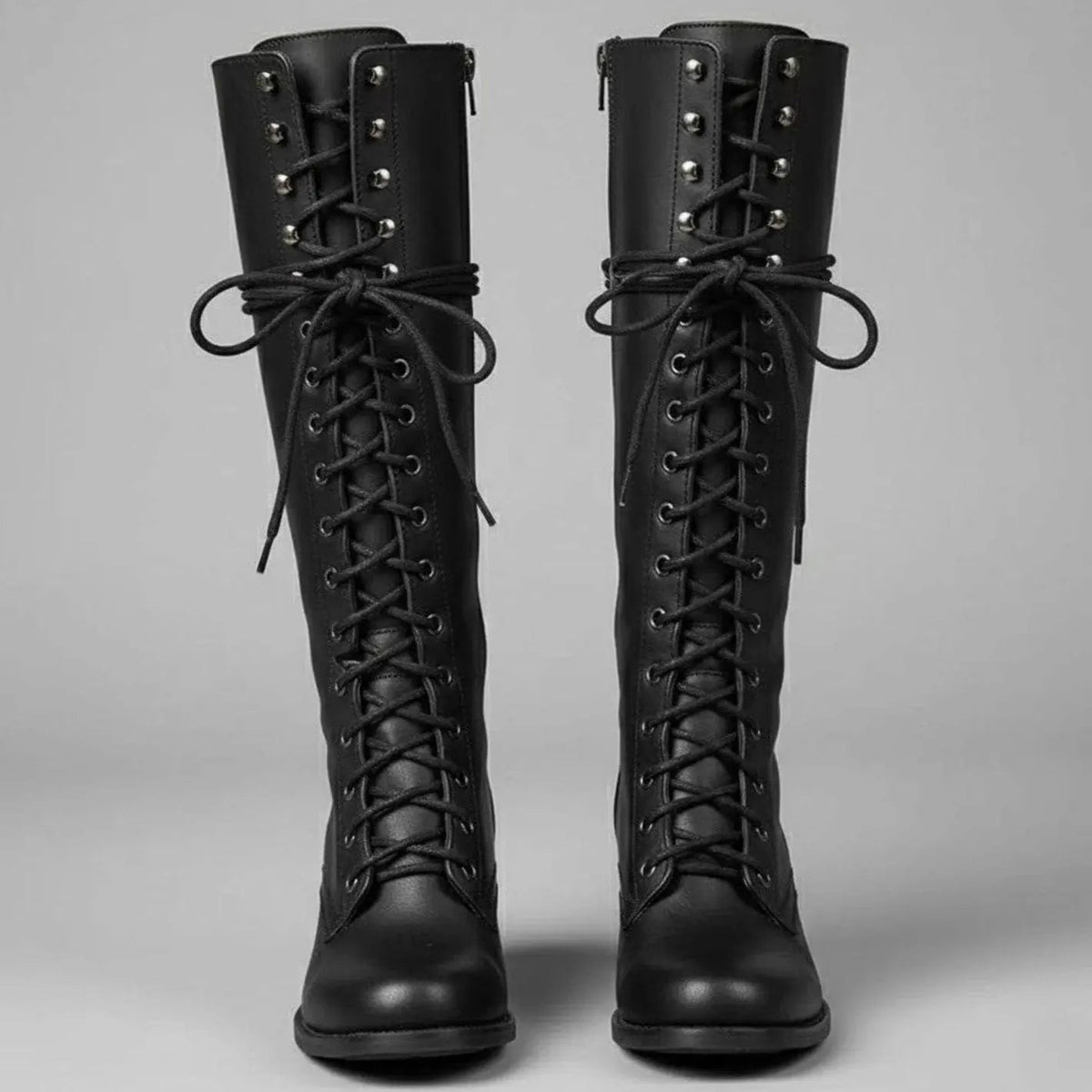 Women's Lace-Up Studded Knee-High Boots Block Heel in Black