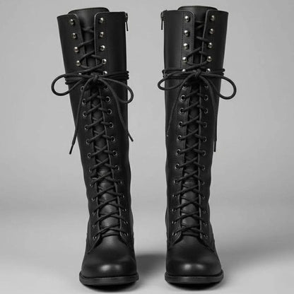 Women's Lace-Up Studded Knee-High Boots Block Heel in Black