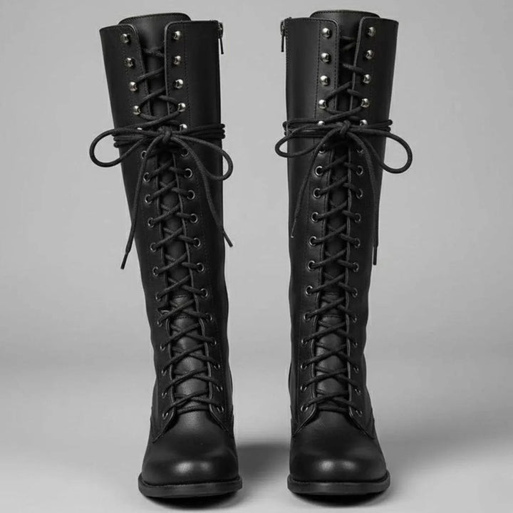 Women's Lace-Up Studded Knee-High Boots Block Heel in Black