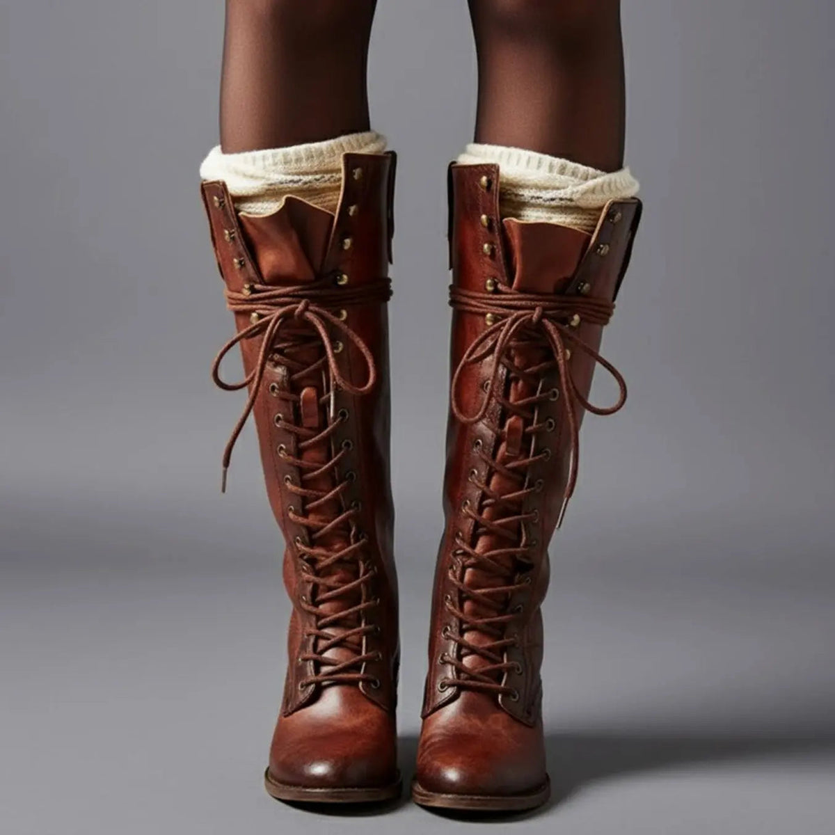 Women's Lace-Up Studded Knee-High Boots Block Heel in Red Brown