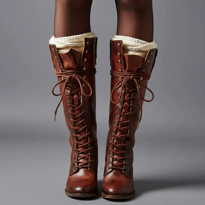Women's Lace-Up Studded Knee-High Boots Block Heel in Red Brown