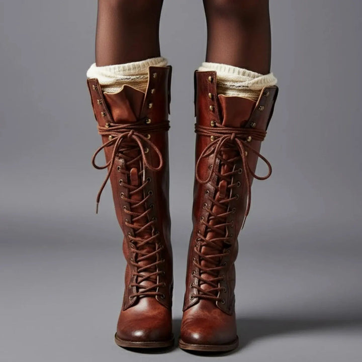 Women's Lace-Up Studded Knee-High Boots Block Heel — Red Brown