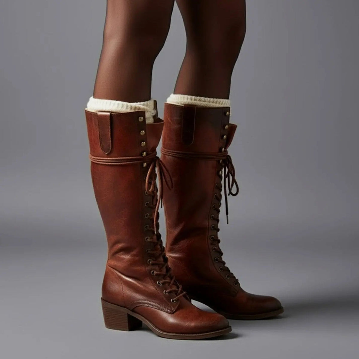 Women's Lace-Up Studded Knee-High Boots Block Heel in Red Brown, another view
