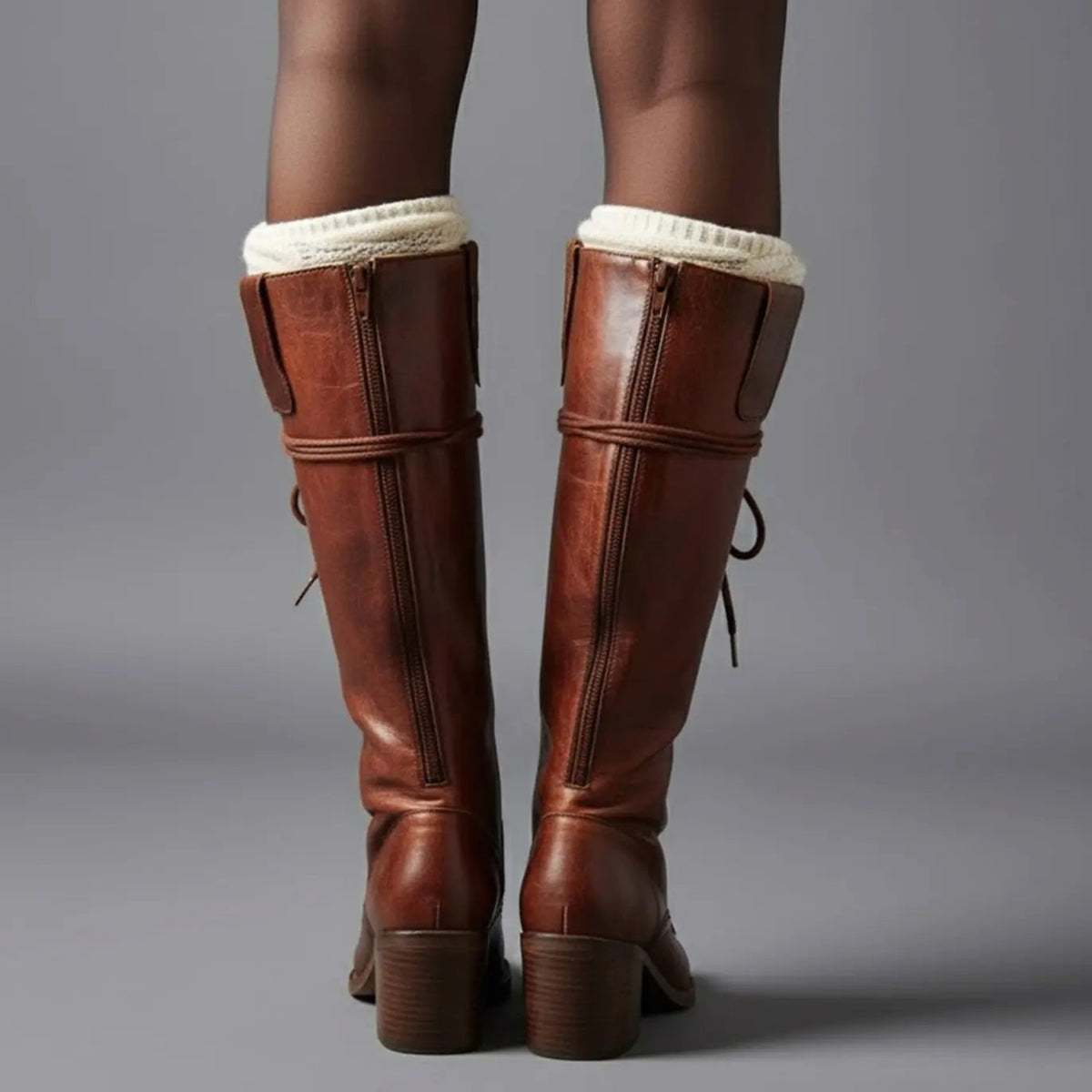 Women's Lace-Up Studded Knee-High Boots Block Heel in Red Brown, another view