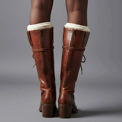 Women's Lace-Up Studded Knee-High Boots Block Heel in Red Brown, another view