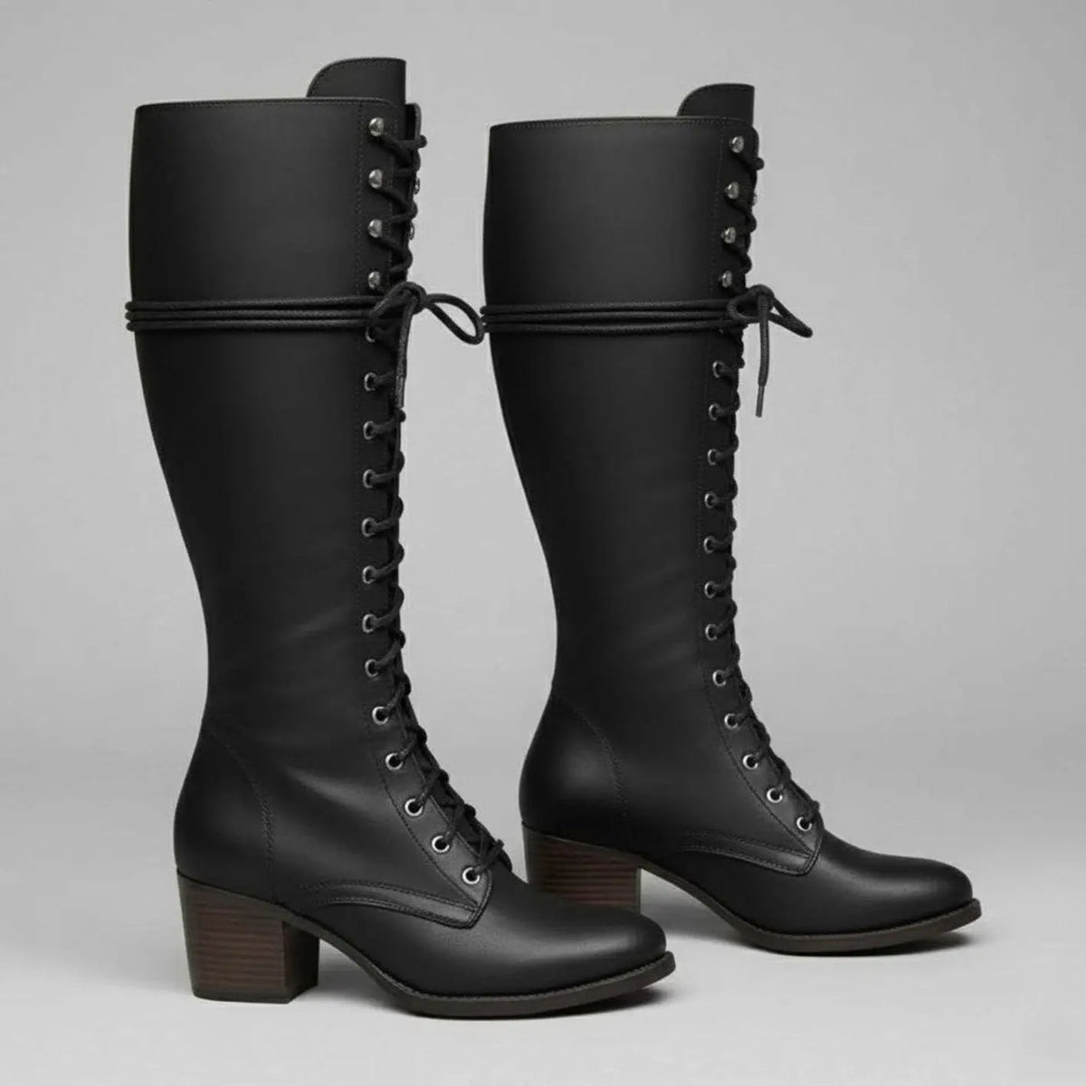 Women's Lace-Up Studded Knee-High Boots Block Heel in Black, another view