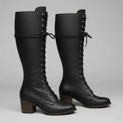 Women's Lace-Up Studded Knee-High Boots Block Heel in Black, another view