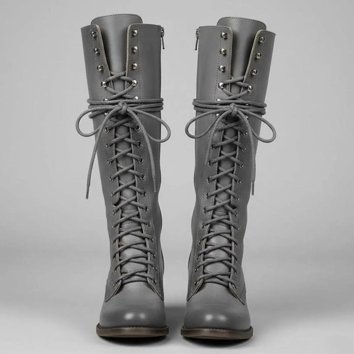 Women's Lace-Up Studded Knee-High Boots Block Heel in Black, another view
