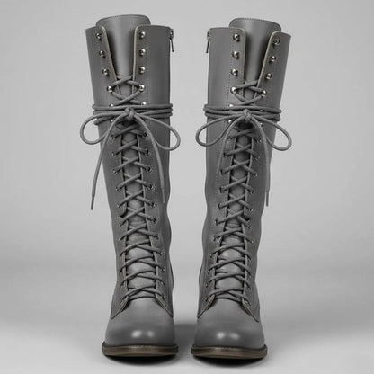 Women's Lace-Up Studded Knee-High Boots Block Heel in Black, another view