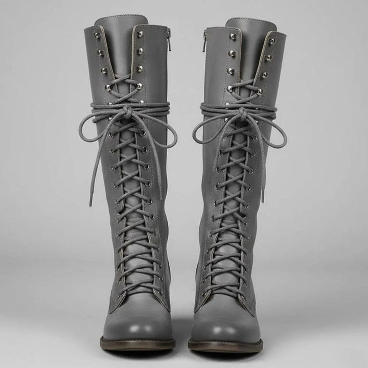 Women's Lace-Up Studded Knee-High Boots Block Heel in Black, another view
