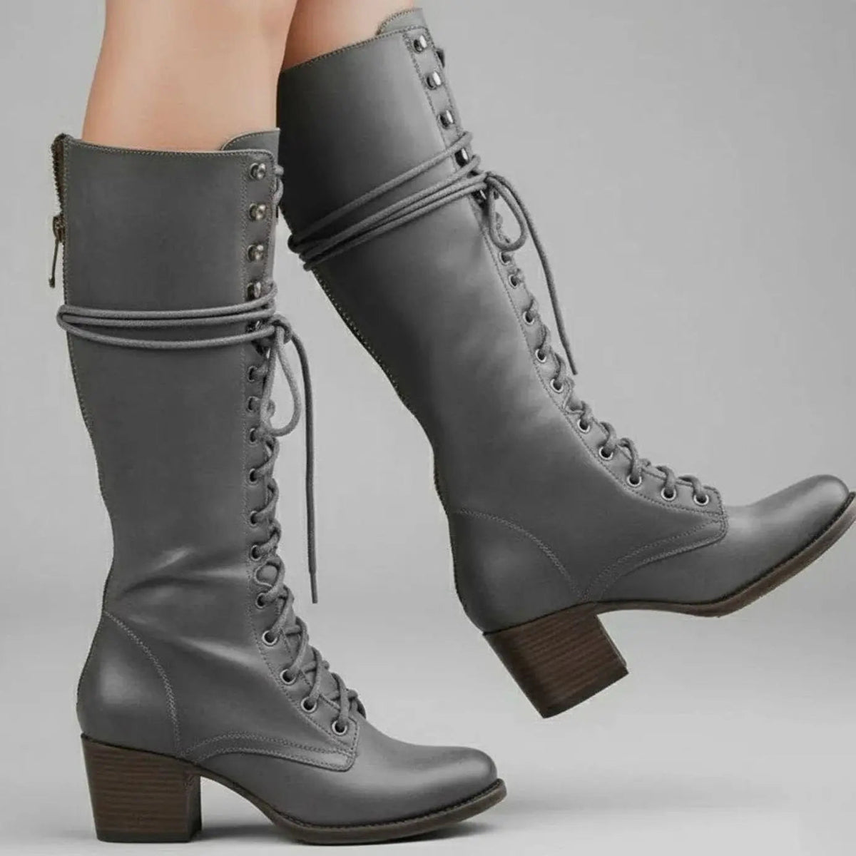 Women's Lace-Up Studded Knee-High Boots Block Heel in Grey