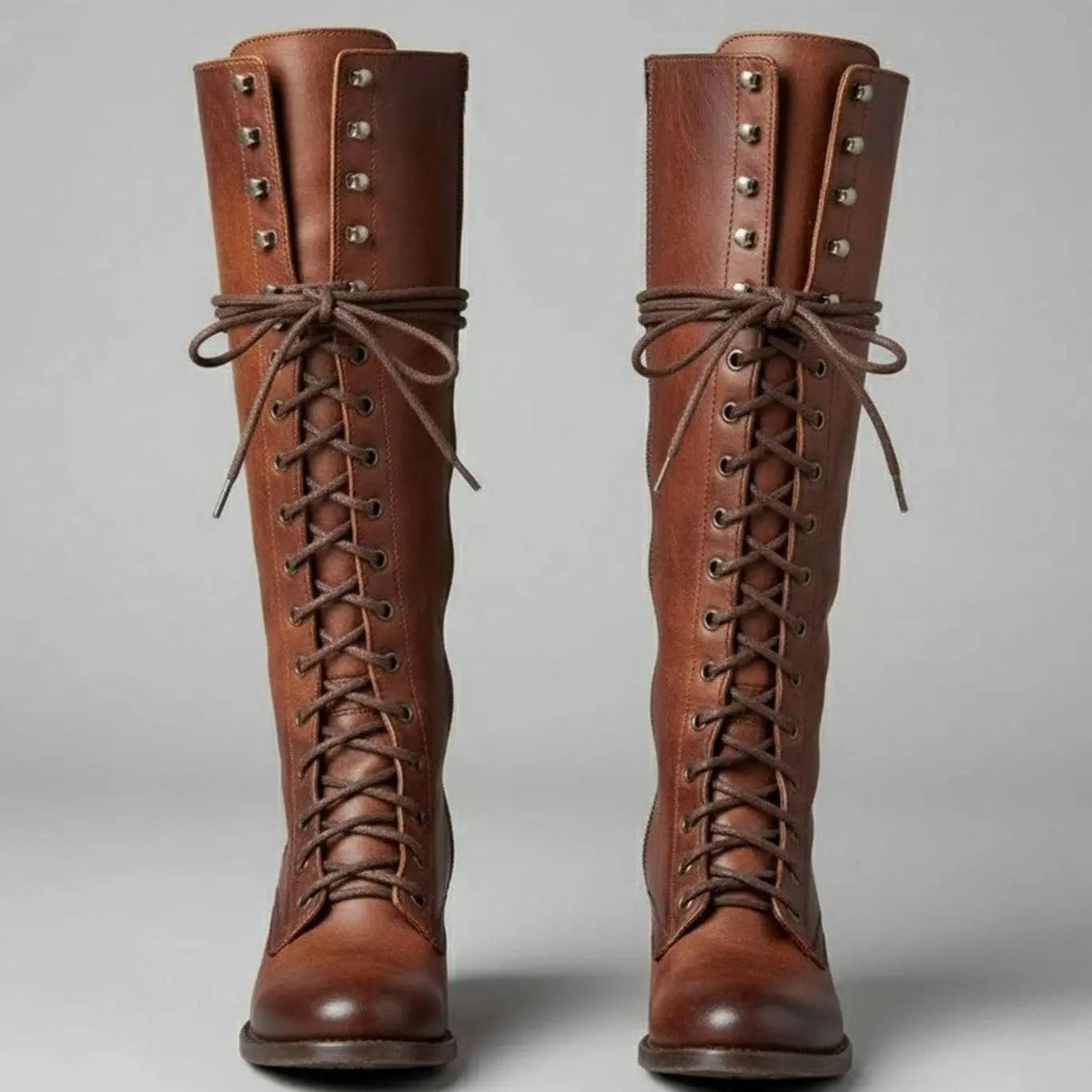Women's Lace-Up Studded Knee-High Boots Block Heel in Brown