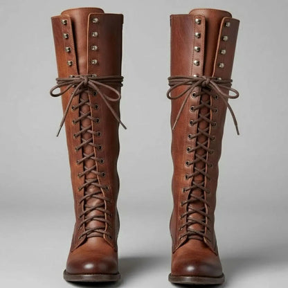 Women's Lace-Up Studded Knee-High Boots Block Heel in Brown