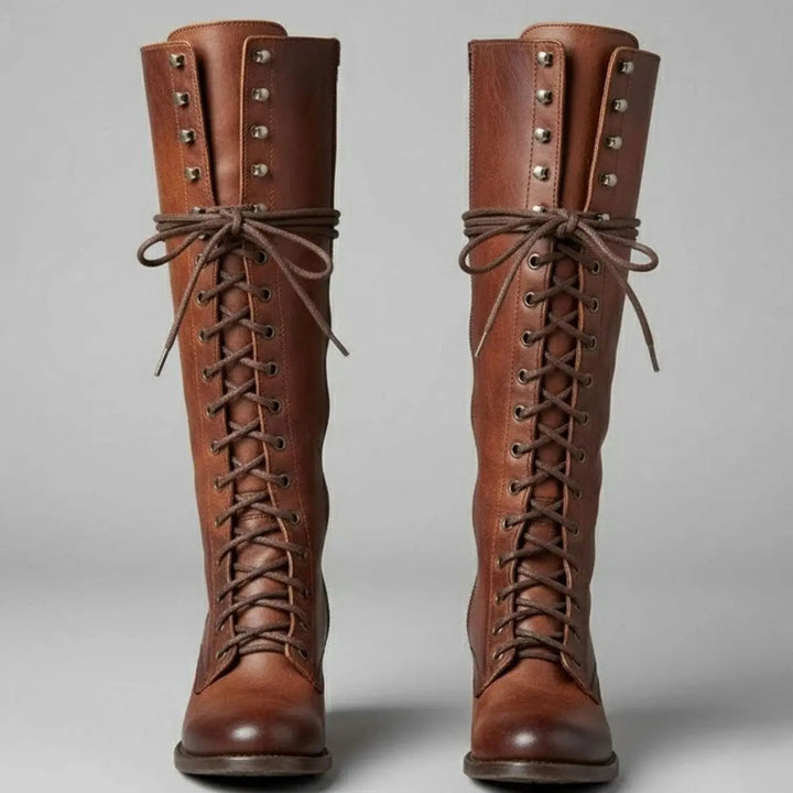 Women's Lace-Up Studded Knee-High Boots Block Heel in Brown