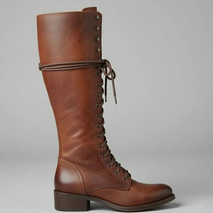 Women's Lace-Up Studded Knee-High Boots Block Heel in Brown, another view
